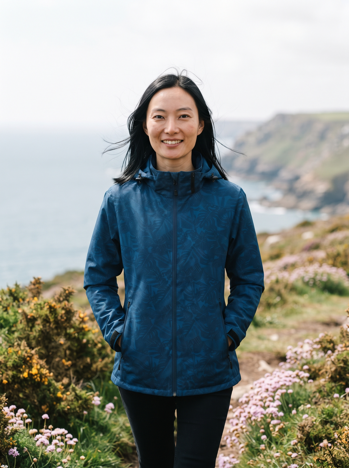 Lightweight Hooded Leaf Print Jacket – Blue – coastal walk