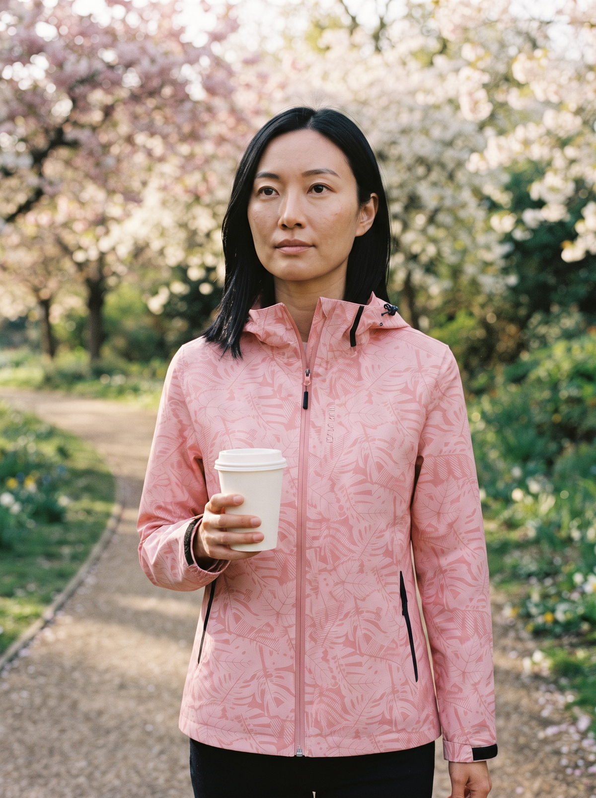 Lightweight Hooded Leaf Print Jacket – Pink – park walk