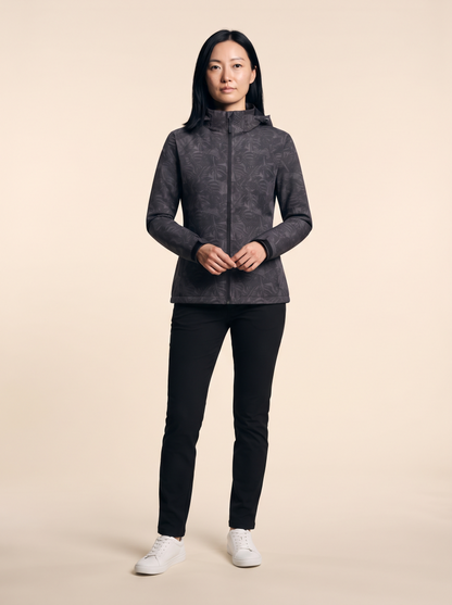 Lightweight Hooded Leaf Print Jacket – Black – on model