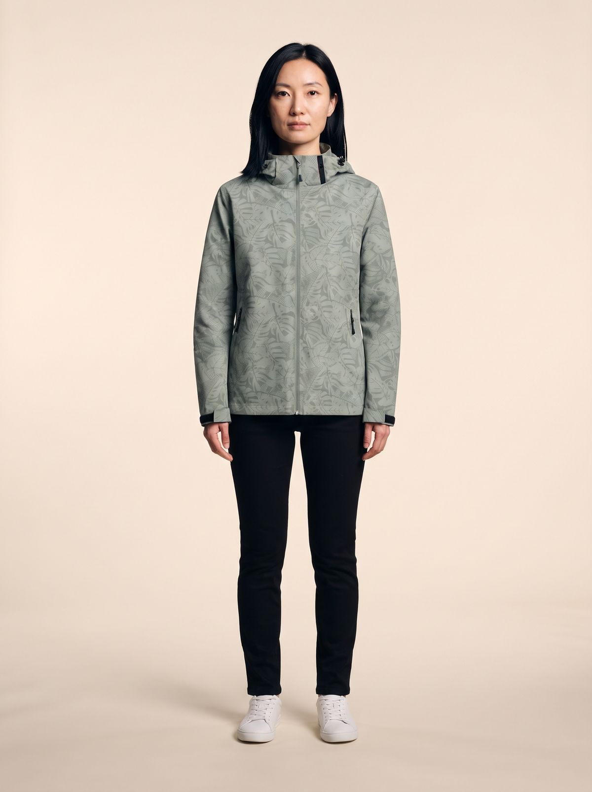 Lightweight Hooded Leaf Print Jacket – Green – on model