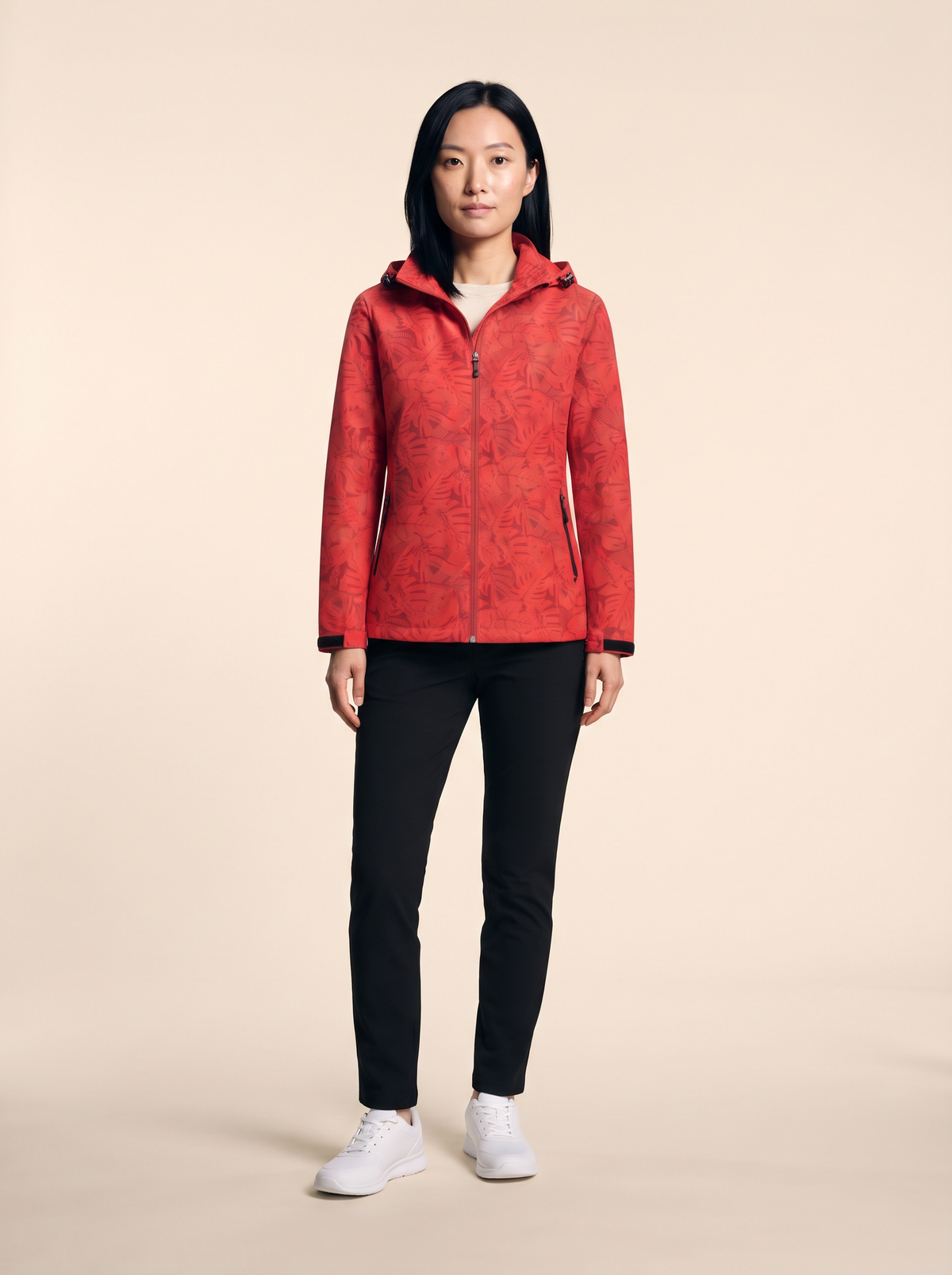 Lightweight Hooded Leaf Print Jacket – Red – on model