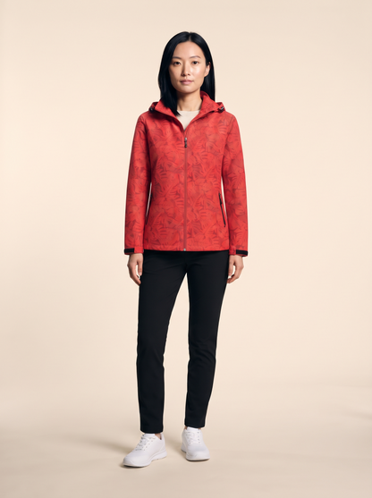 Lightweight Hooded Leaf Print Jacket – Red – on model