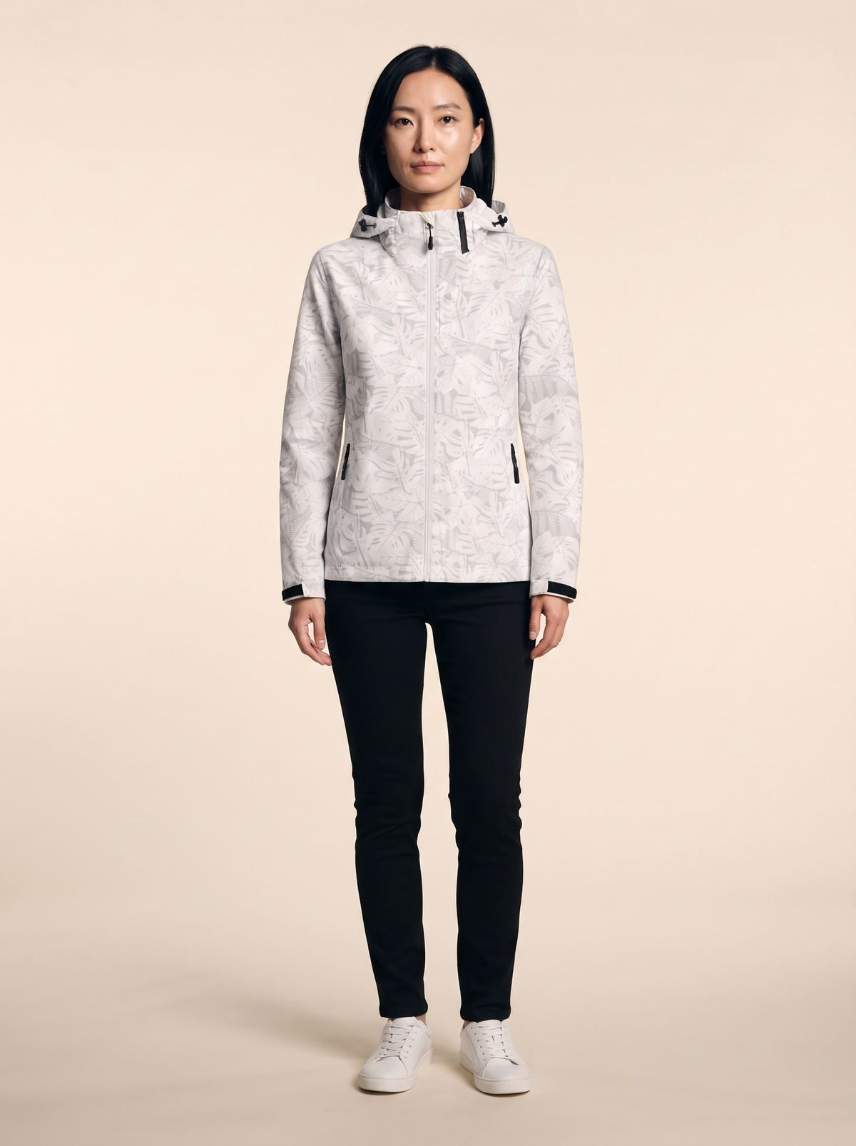 Lightweight Hooded Leaf Print Jacket – White – on model