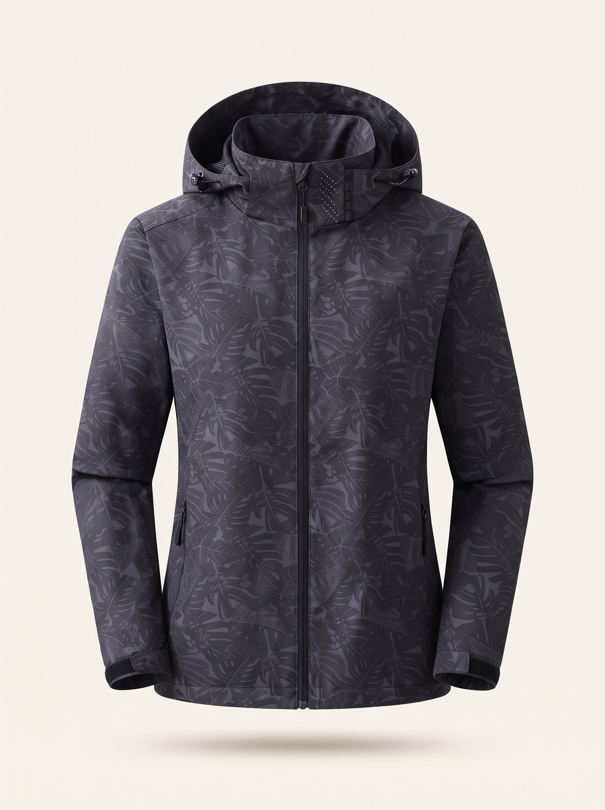 Lightweight Hooded Leaf Print Jacket – Black – product view