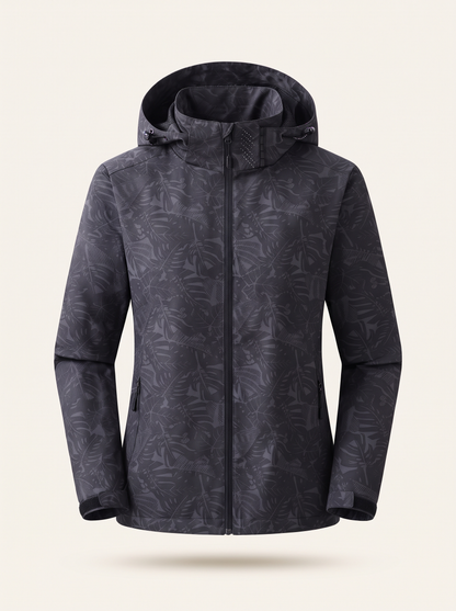 Lightweight Hooded Leaf Print Jacket – Black – product view