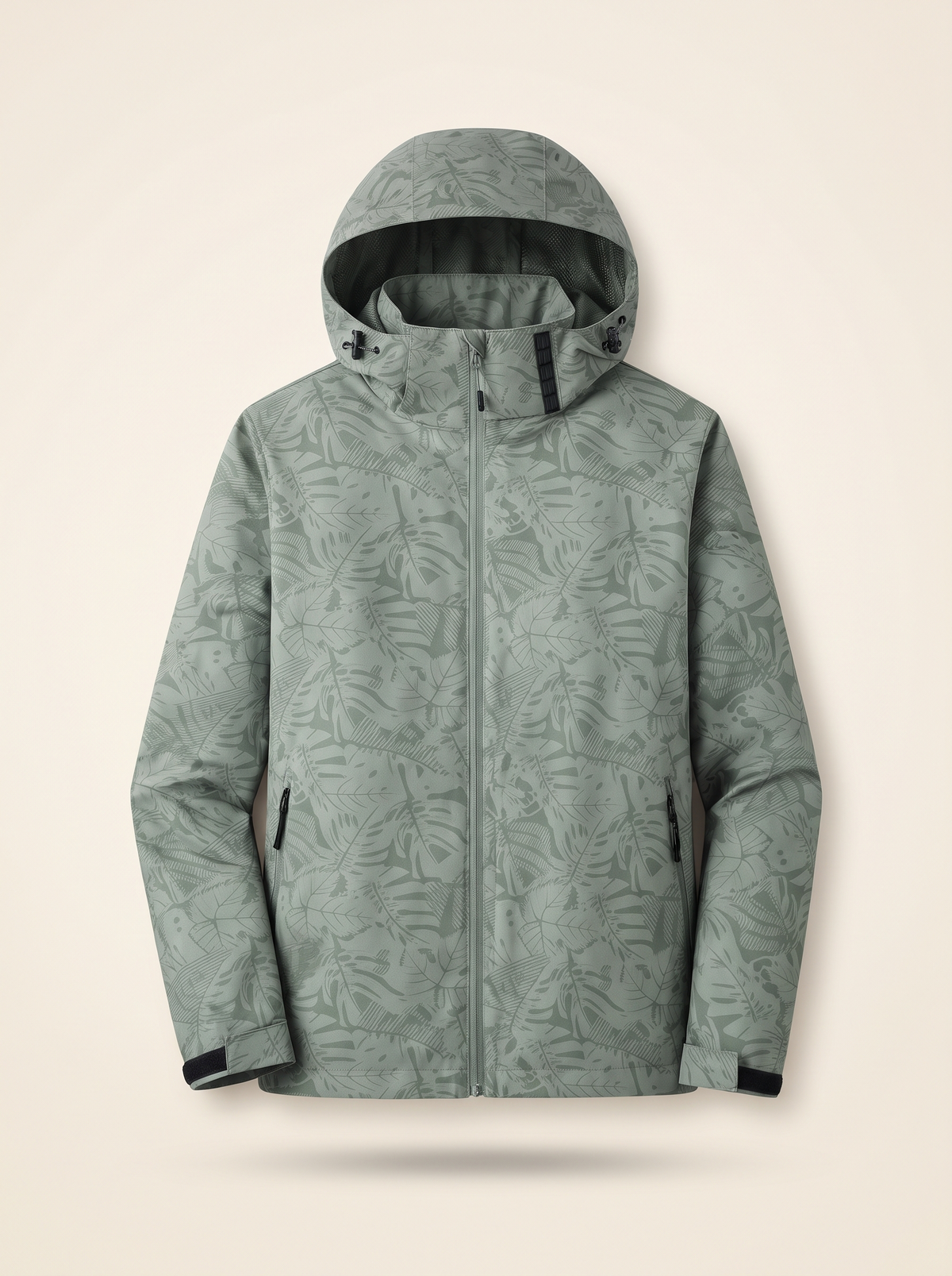Lightweight Hooded Leaf Print Jacket – Green – product view