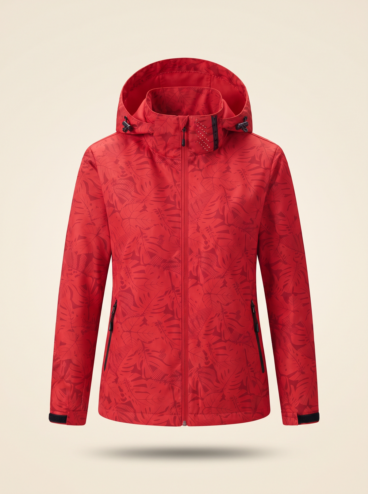 Lightweight Hooded Leaf Print Jacket – Red – product view