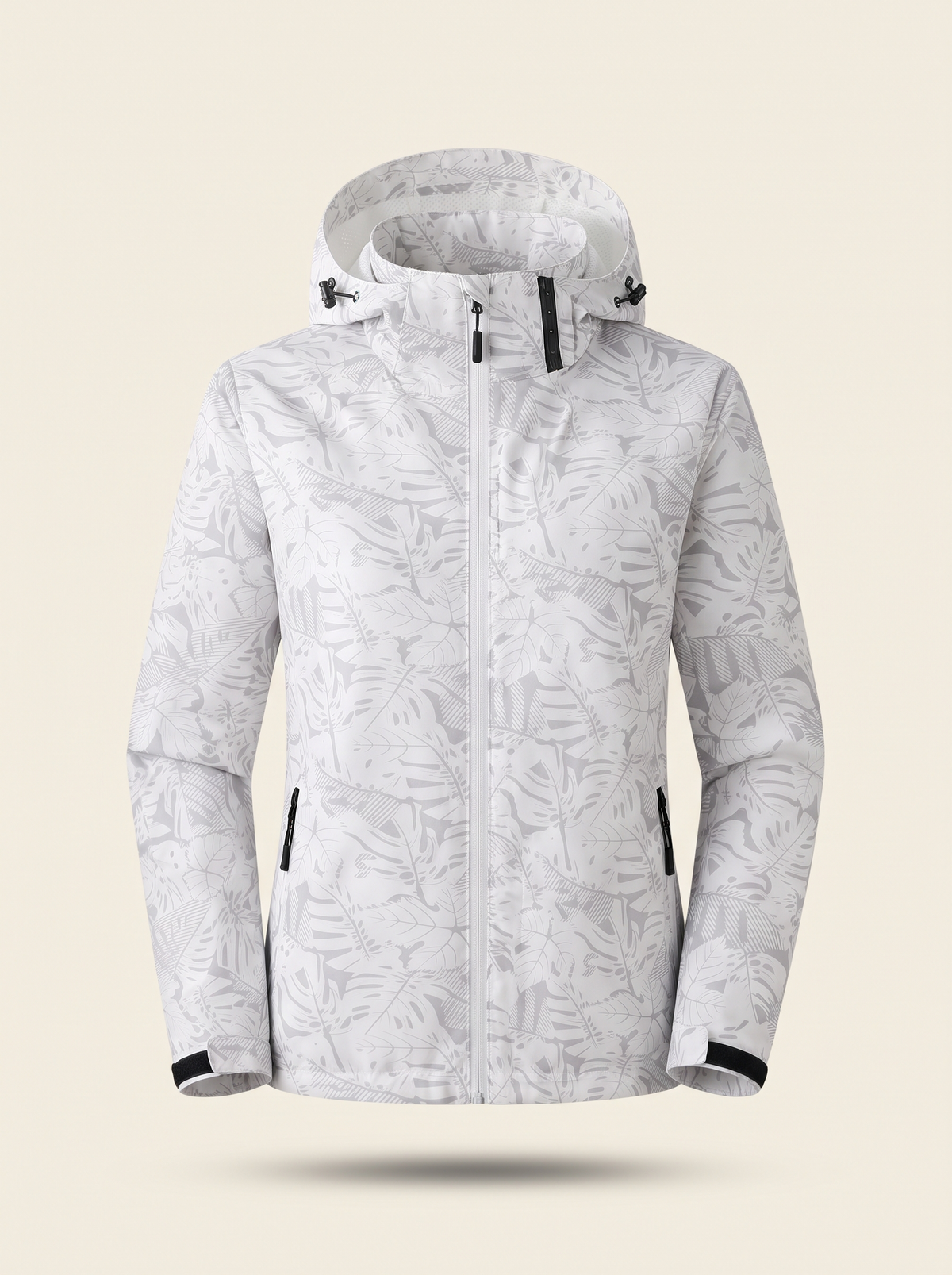 Lightweight Hooded Leaf Print Jacket – White – product view