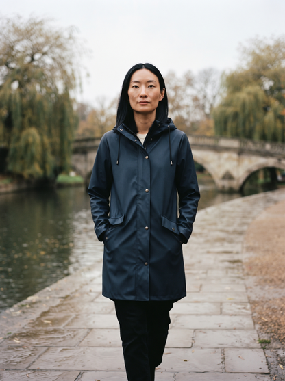 Longline Hooded Coat – Navy Blue – riverside walk