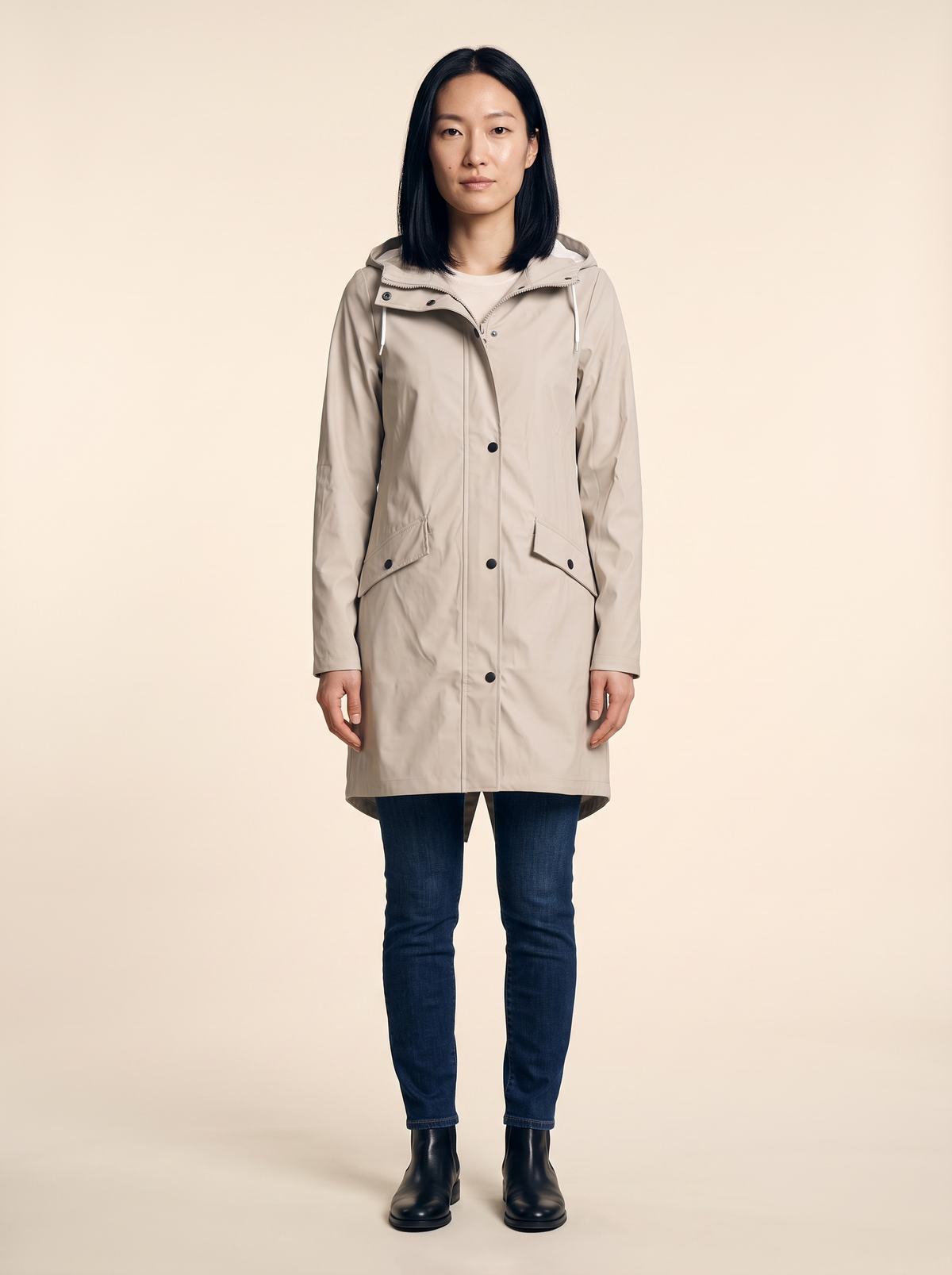 Longline Hooded Coat – Beige – on model