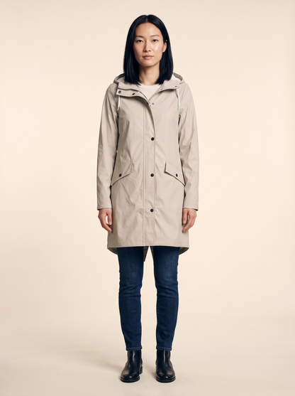 Longline Hooded Coat – Beige – on model