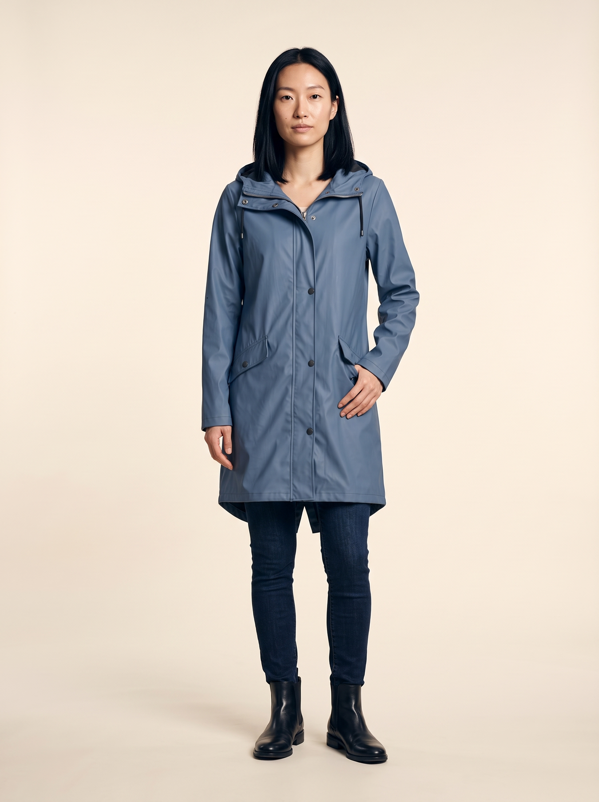 Longline Hooded Coat – Blue – on model