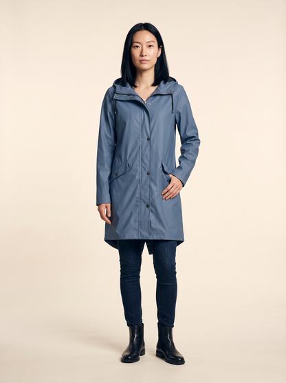 Longline Hooded Coat – Blue – on model