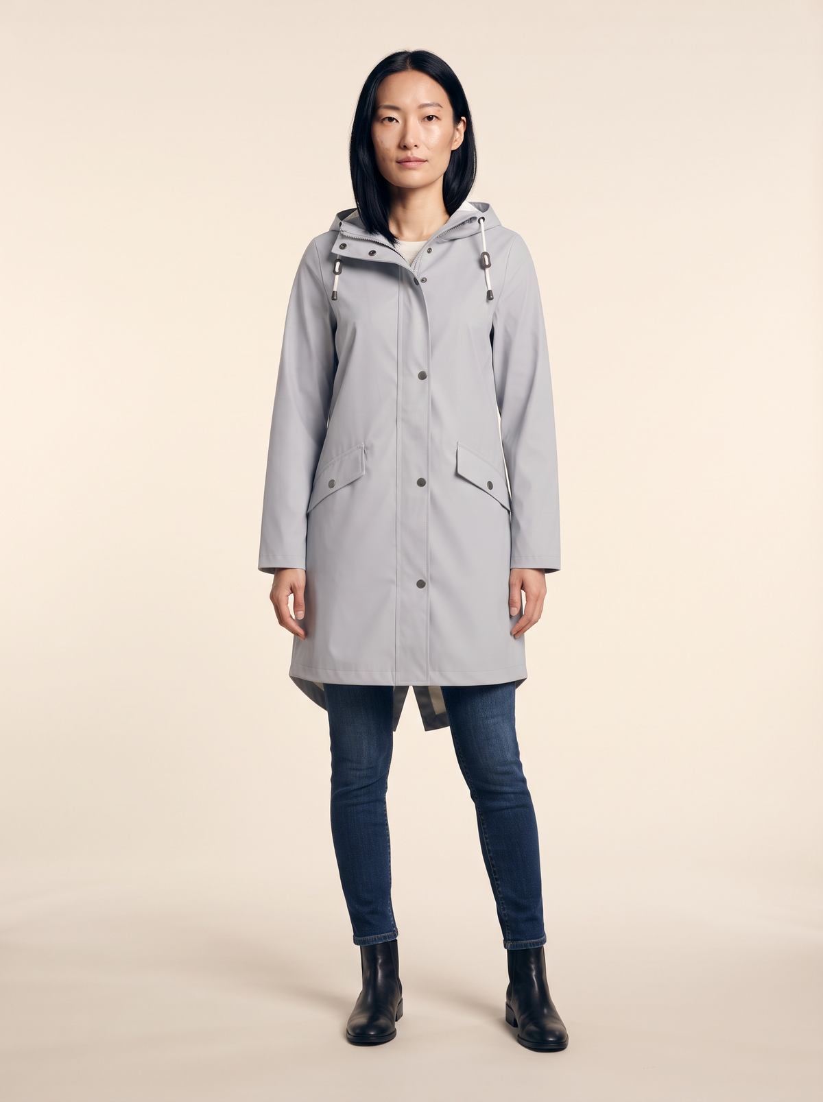 Longline Hooded Coat – Grey – on model