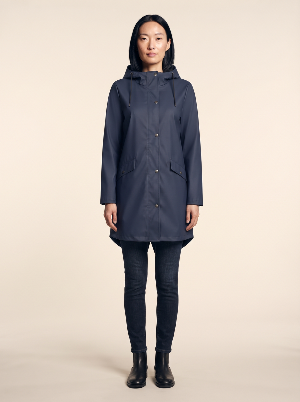 Longline Hooded Coat – Navy Blue – on model