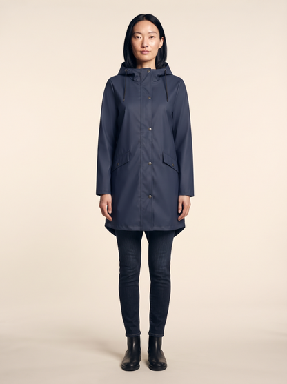 Longline Hooded Coat – Navy Blue – on model