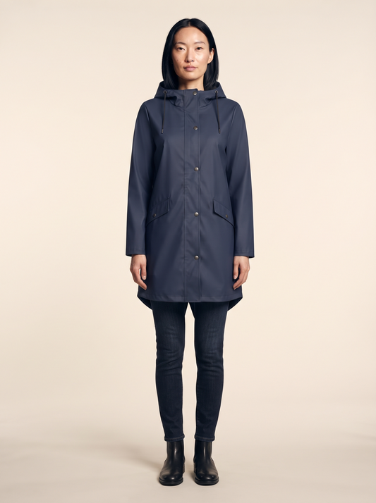Longline Hooded Coat – Navy Blue – on model