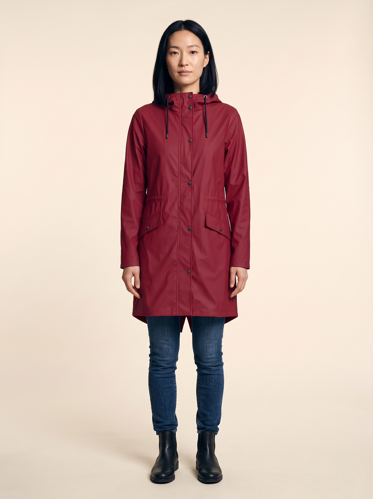 Longline Hooded Coat – Red – on model