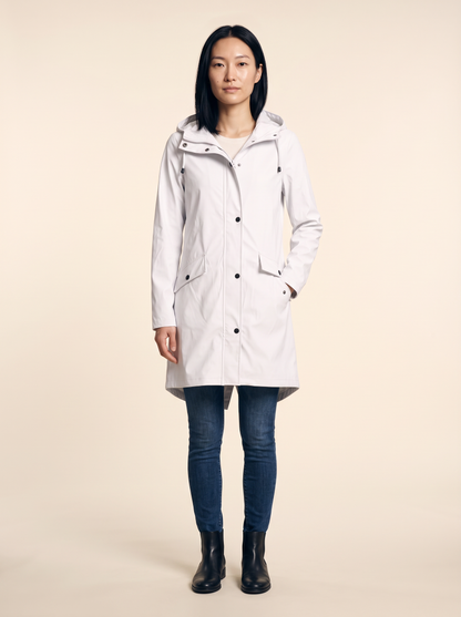 Longline Hooded Coat – White – on model