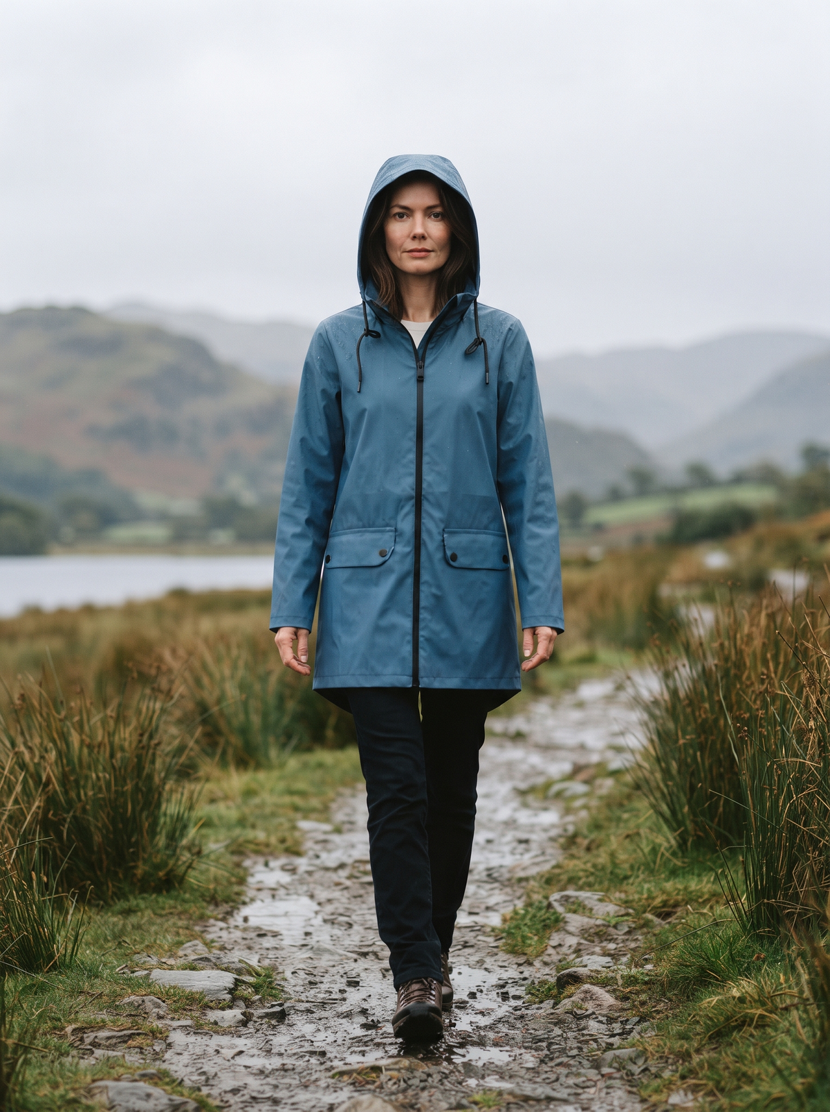 Longline Hooded Jacket – Blue – lakeside walk