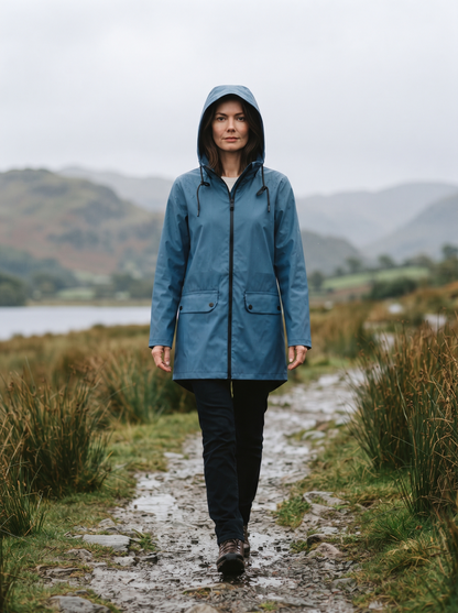 Longline Hooded Jacket – Blue – lakeside walk