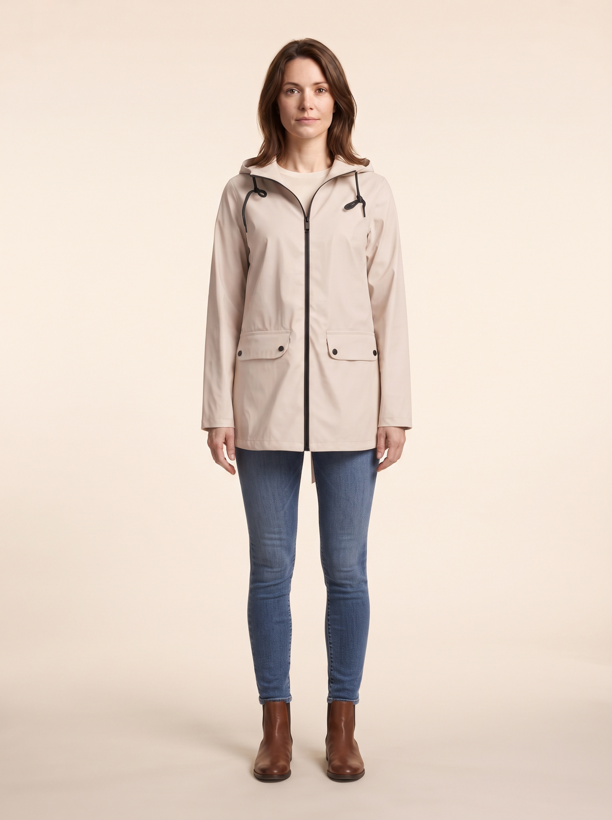 Longline Hooded Jacket – Apricot – on model