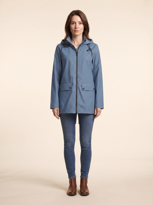 Longline Hooded Jacket – Blue – on model