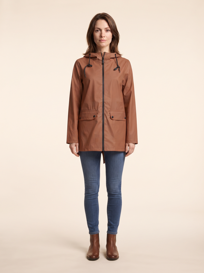 Longline Hooded Jacket – Brown – on model