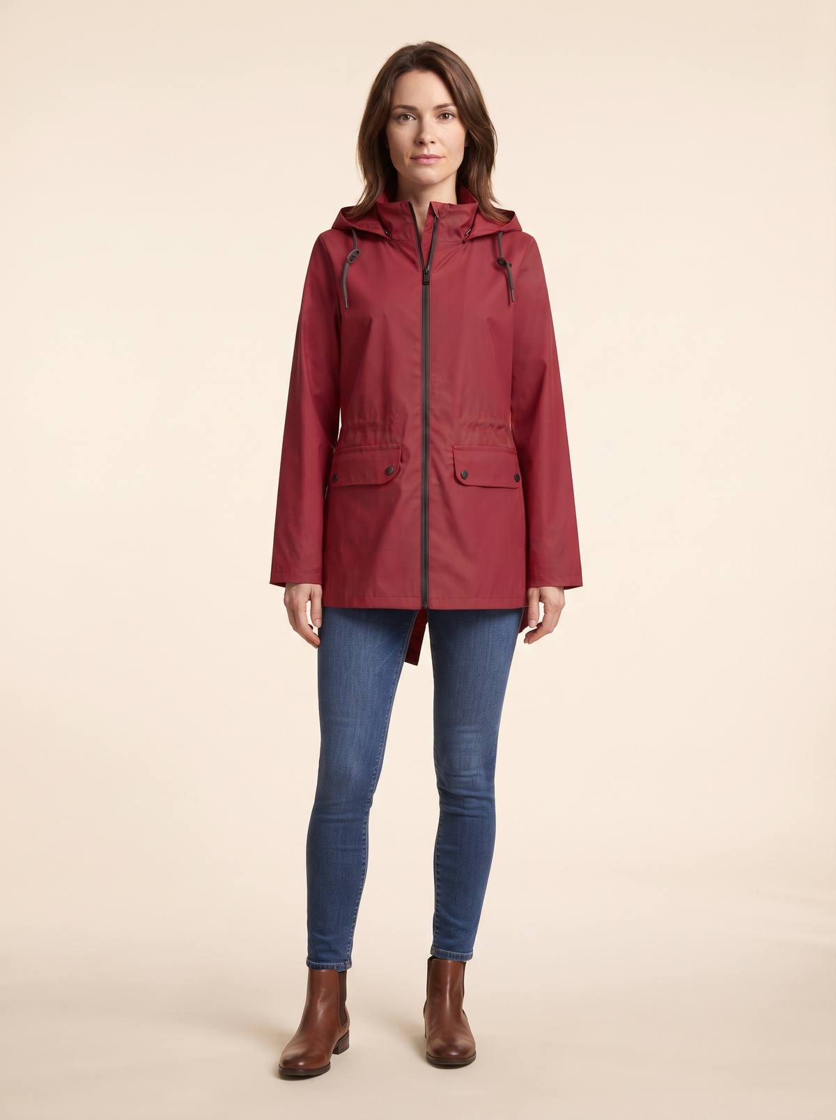 Longline Hooded Jacket – Red – on model