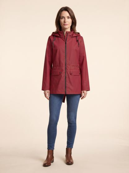 Longline Hooded Jacket – Red – on model