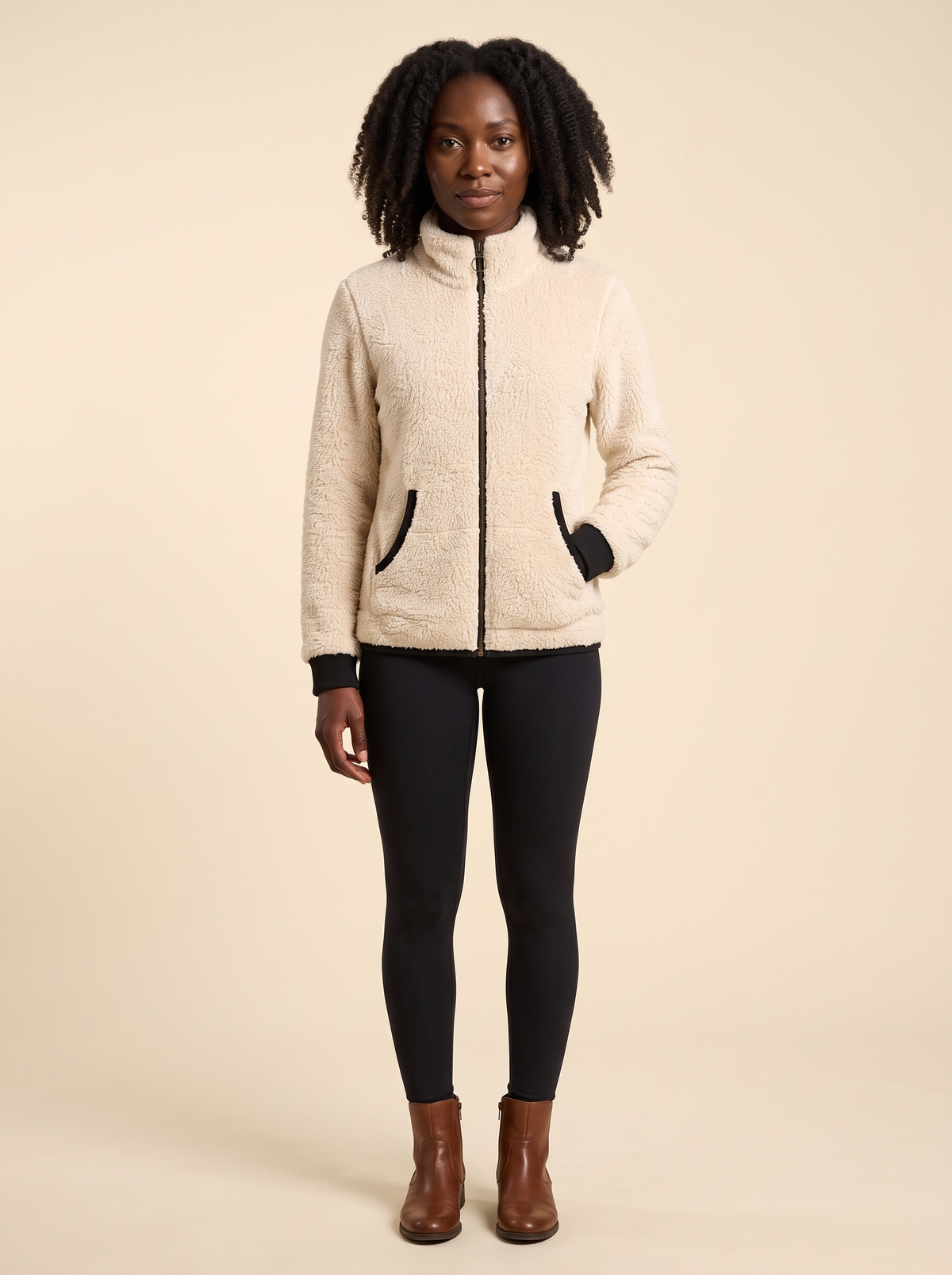 Plush Fleece Zip-Up Jacket – Beige – on model