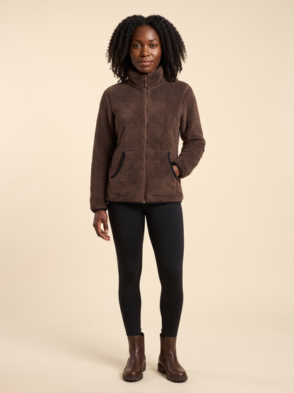 Plush Fleece Zip-Up Jacket – Dark Brown – on model