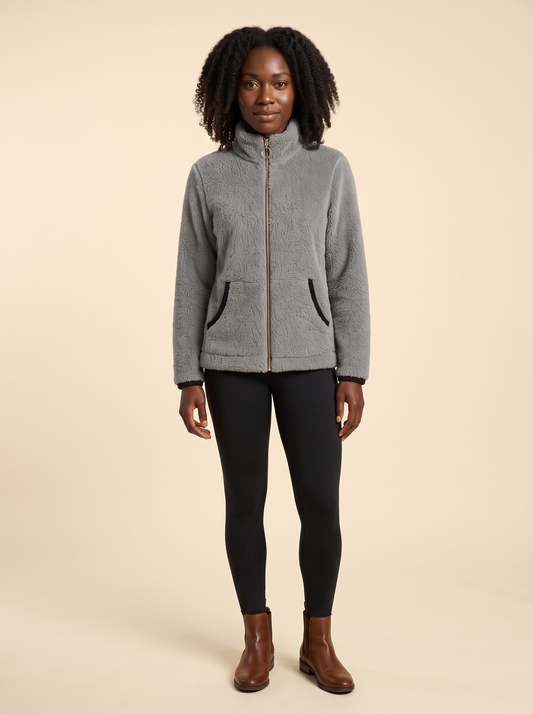 Plush Fleece Zip-Up Jacket – Grey – on model