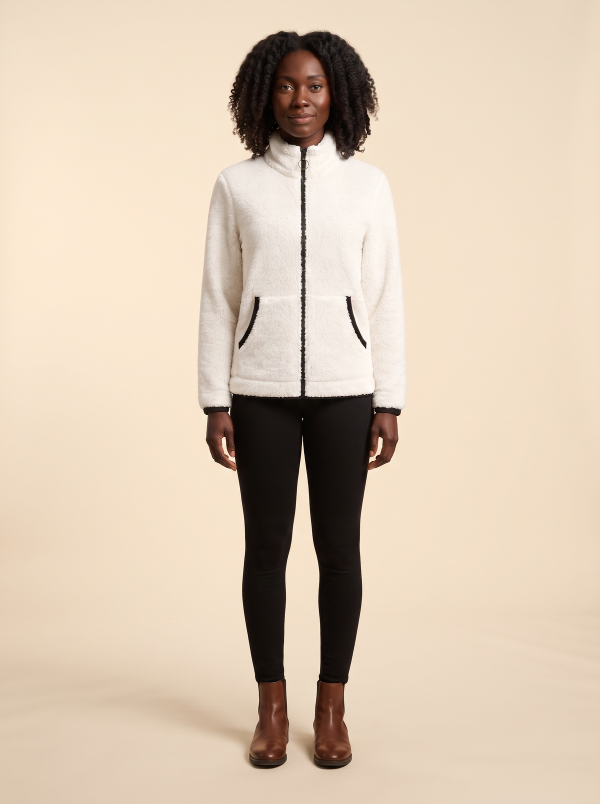 Plush Fleece Zip-Up Jacket – White – on model