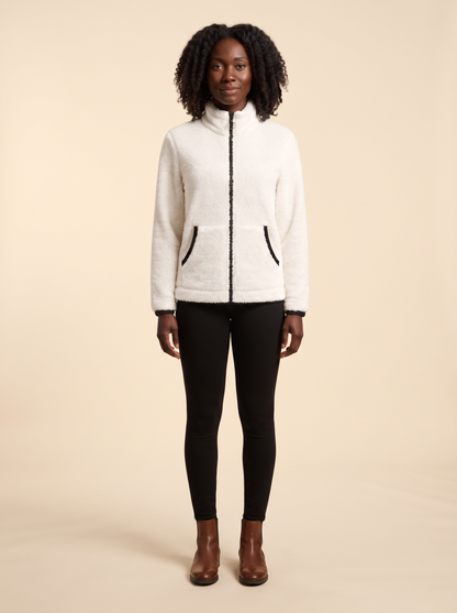 Plush Fleece Zip-Up Jacket – White – on model