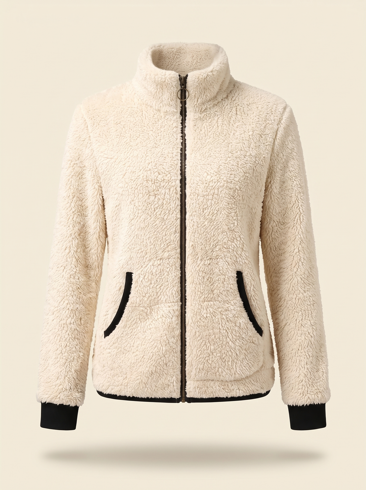 Plush Fleece Zip-Up Jacket – Beige – product view
