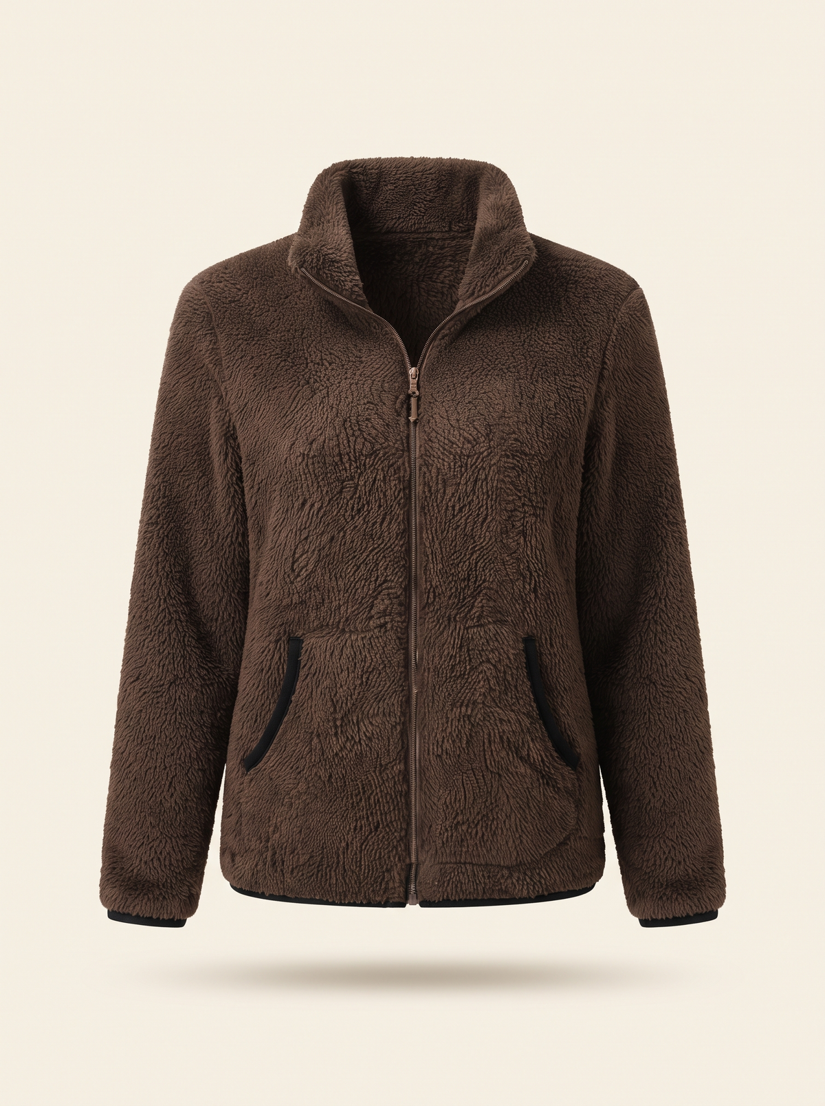 Plush Fleece Zip-Up Jacket – Dark Brown – product view