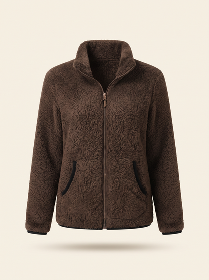 Plush Fleece Zip-Up Jacket – Dark Brown – product view