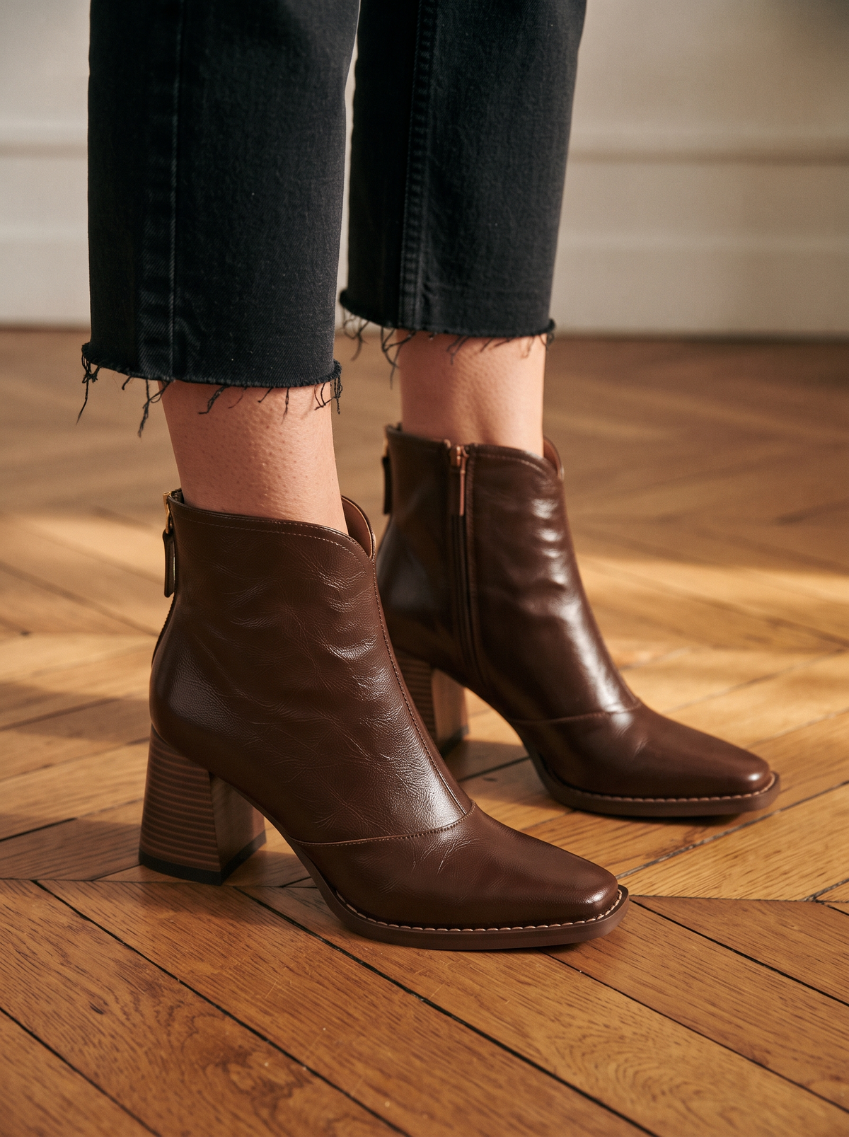 Pointed-Toe Block Heel Ankle Boots – Espresso – on foot
