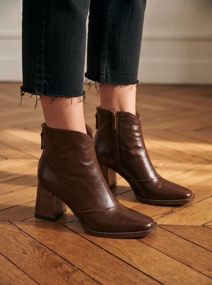 Pointed-Toe Block Heel Ankle Boots – Espresso – on foot