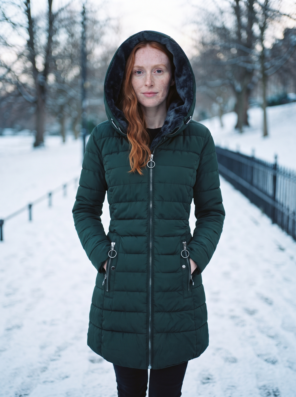 Quilted Puffer Coat with Oversized Hood – Dark Green – snowy park