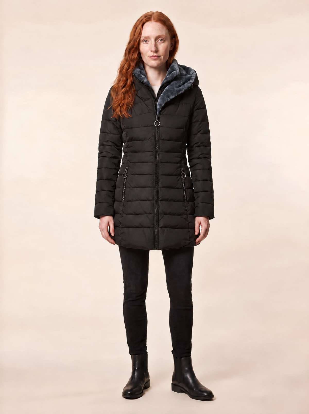Quilted Puffer Coat with Oversized Hood – Black – on model
