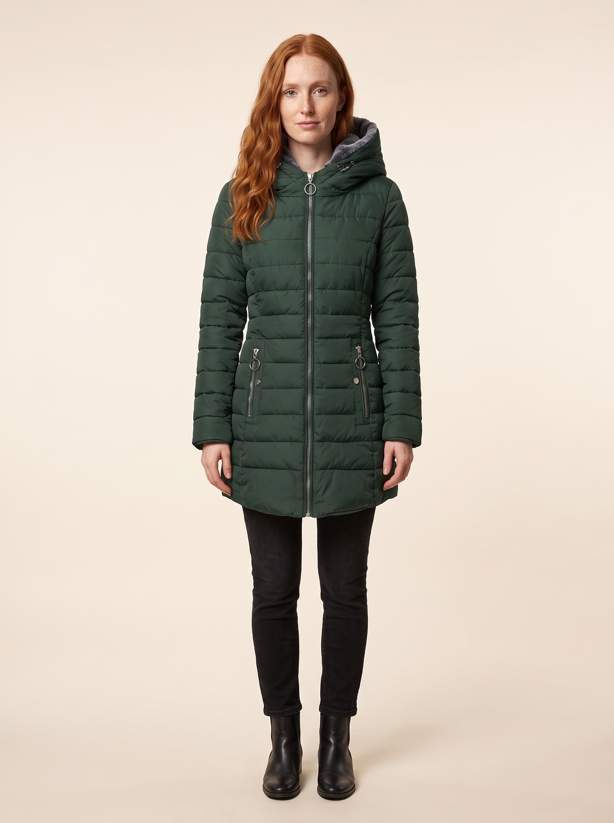 Quilted Puffer Coat with Oversized Hood – Dark Green – on model