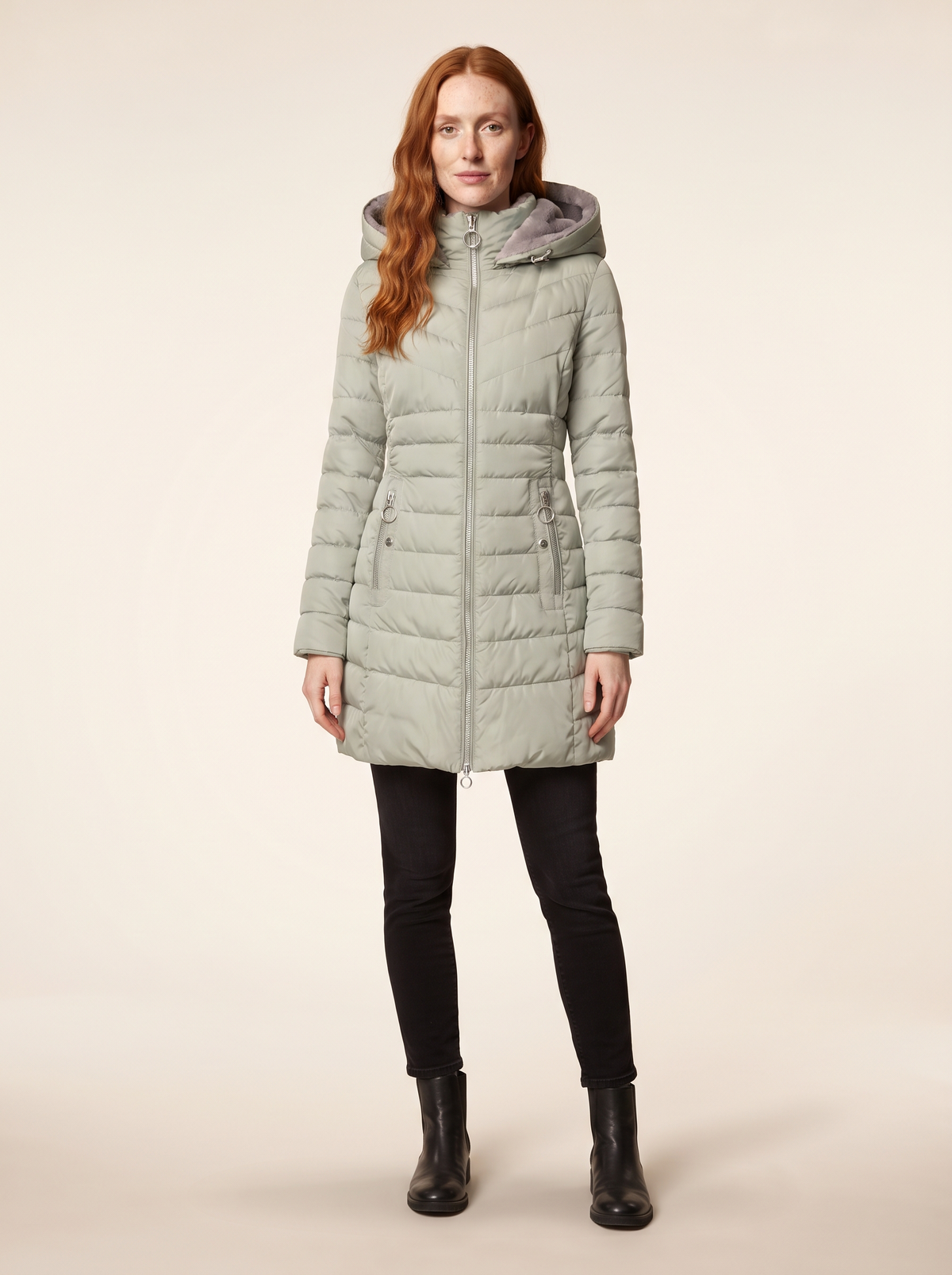 Quilted Puffer Coat with Oversized Hood – Light Green – on model
