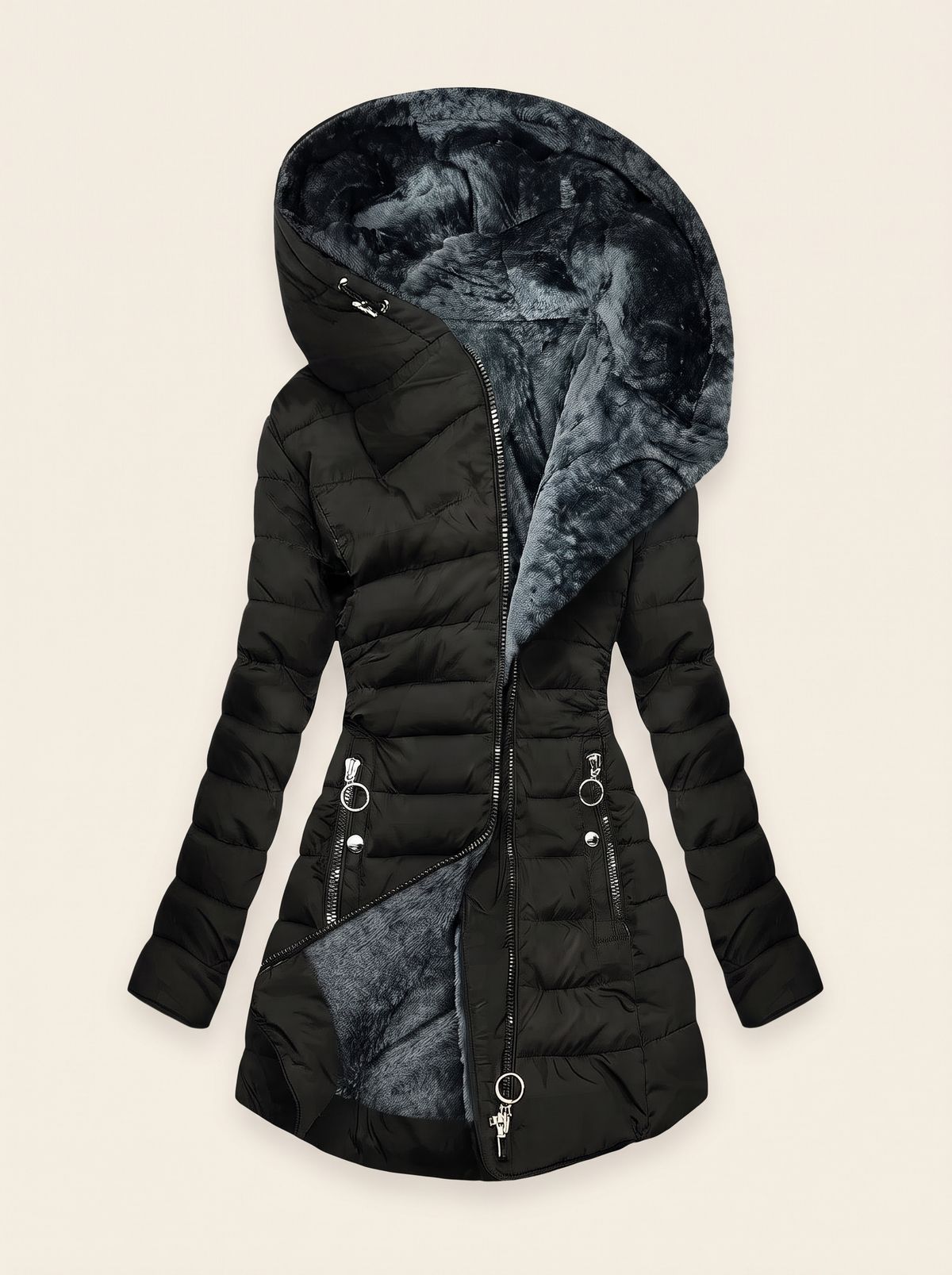 Quilted Puffer Coat with Oversized Hood – Black – product view