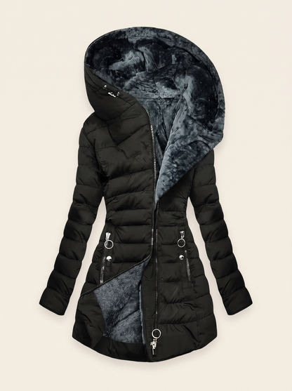 Quilted Puffer Coat with Oversized Hood – Black – product view