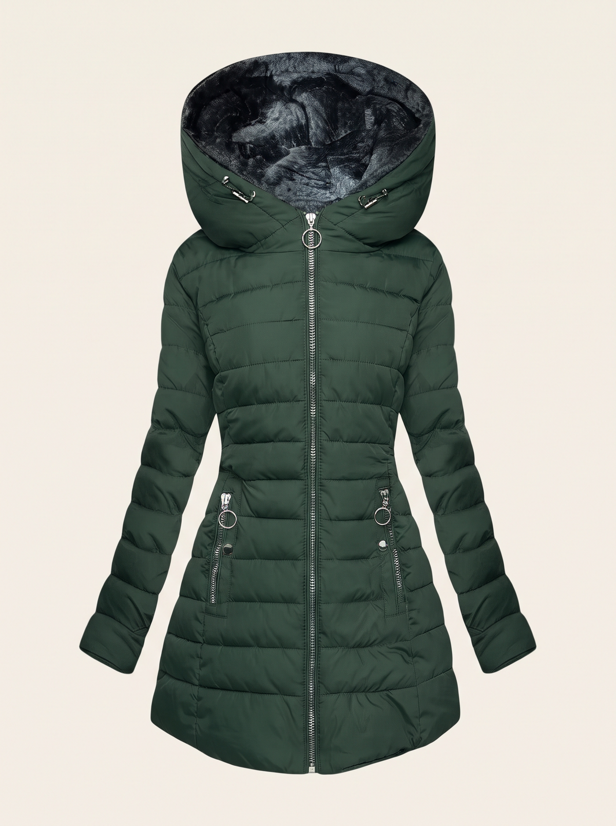 Quilted Puffer Coat with Oversized Hood – Dark Green – product view