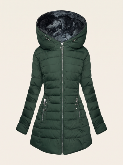 Quilted Puffer Coat with Oversized Hood – Dark Green – product view