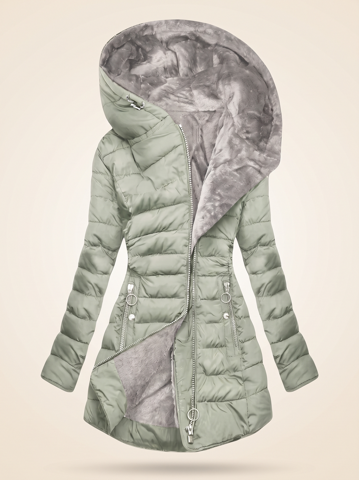 Quilted Puffer Coat with Oversized Hood – Light Green – product view
