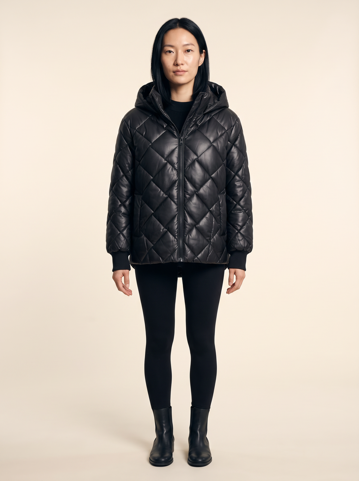 Oversized Quilted Puffer Jacket – Black – on model